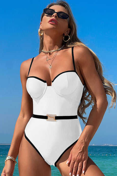 Color Block Adjustable Spaghetti Straps One Piece Swimsuit