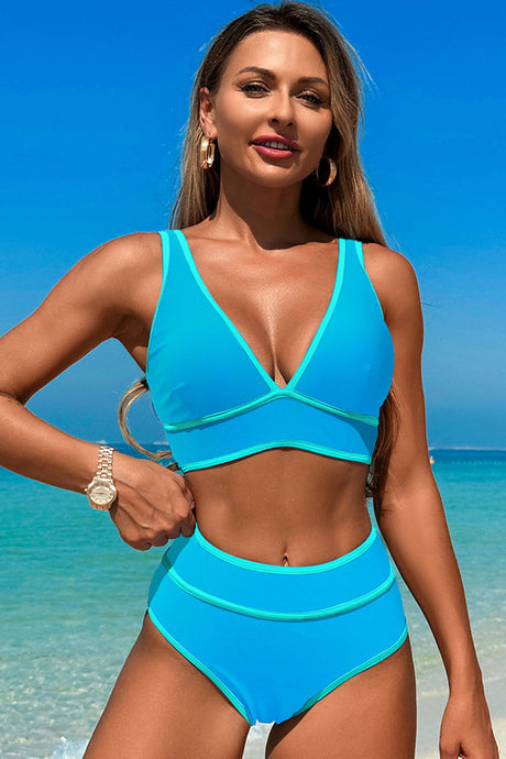 V Neck Wide Straps High Waisted One Piece Swimsuit