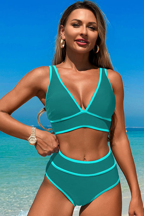 V Neck Wide Straps High Waisted One Piece Swimsuit