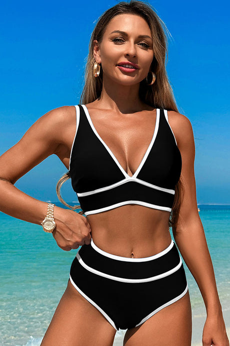 V Neck Wide Straps High Waisted One Piece Swimsuit