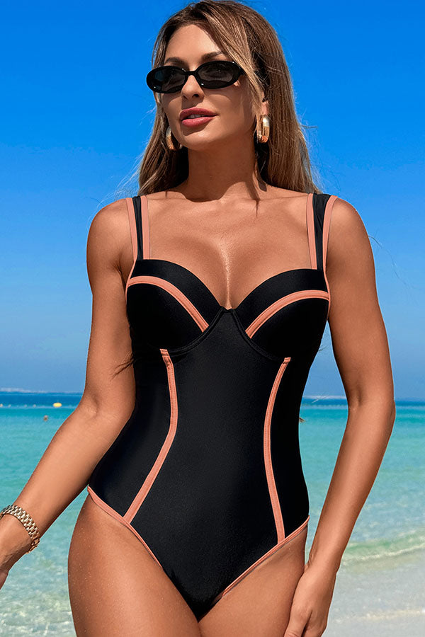 Color Block Wide Straps One Piece Swimsuit