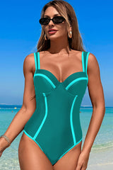 Color Block Wide Straps One Piece Swimsuit