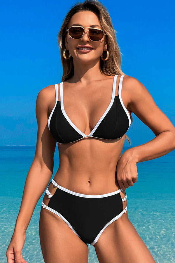 Color Block V Neck Tie Back Bikini Two-Piece Swimsuit