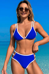 Color Block V Neck Tie Back Bikini Two-Piece Swimsuit