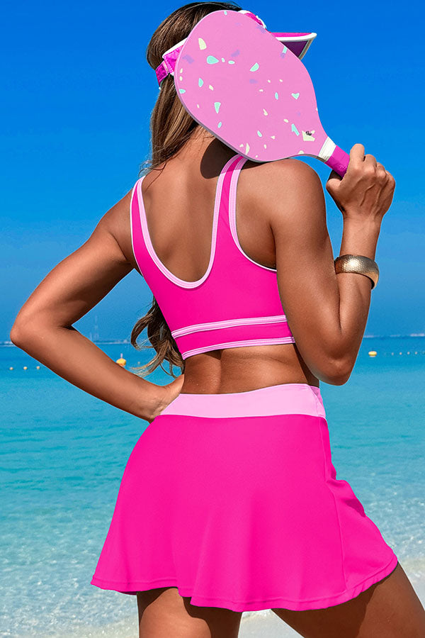 U Neck Wide Straps Sporty Bikini With Skirt