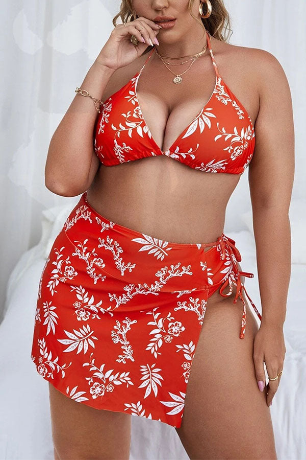 Plus Size 3PC Tie Dye Halter V Neck Knotted Lace Up Split Bikini Set