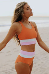 Color Block U Neck Cut Out Zipper Bikini Suits