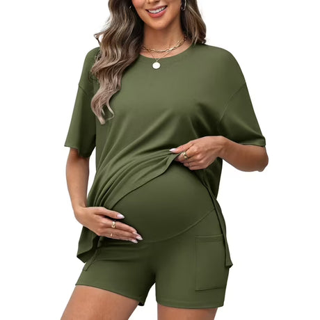 Sociala 2 Piece Short Sets for Women 2026 Summer Vacation Outfits Casual Maternity Lounge Set with Pockets