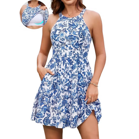 Sociala Built in Bra Summer Dress for Womens Casual Beach Sundress Flowy Halter Dress with Pockets
