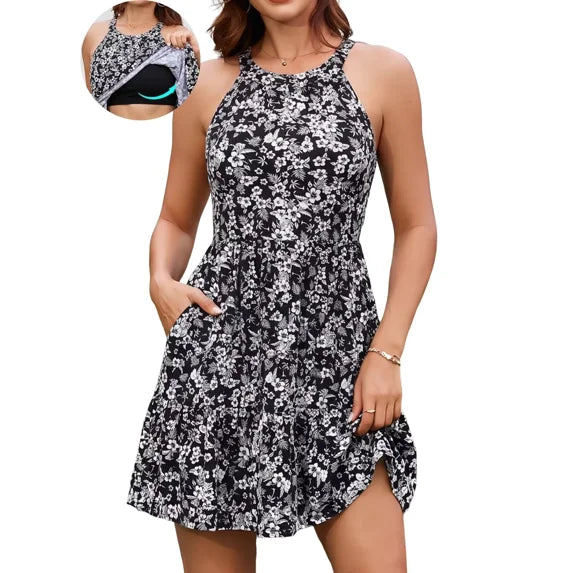 summer dress with built in bra Sociala for Womens Casual Beach Sundress Flowy Halter Dress Pockets Red Printed / M this loose ANYFITTING Built in Bra Summer