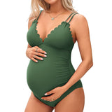 Sociala Maternity Swimsuit One Piece Tie Back Bathing Suit Scallop Trim V Neck Pregnancy Swimwear