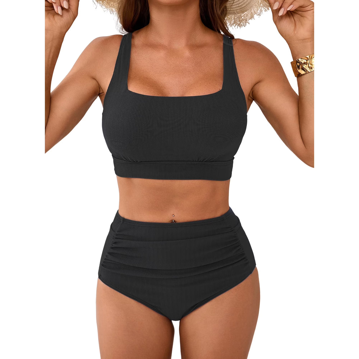 Sociala High Waisted Bikini Sets for Womens Sporty Two Piece Swimsuits Color Block Bathing Suits Swimwear