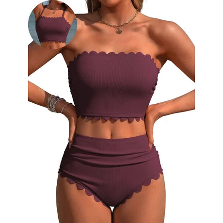 Sociala Strapless High Waisted Bikini Sets for Women Tummy Control Scallop Ribbed Bandeau Swimsuit Lace up Bathing Suits