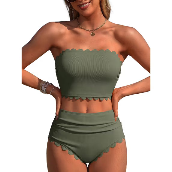 Sociala Strapless High Waisted Bikini Sets for Women Tummy Control Scallop Ribbed Bandeau Swimsuit Lace up Bathing Suits