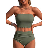 Sociala Strapless High Waisted Bikini Sets for Women Tummy Control Scallop Ribbed Bandeau Swimsuit Lace up Bathing Suits
