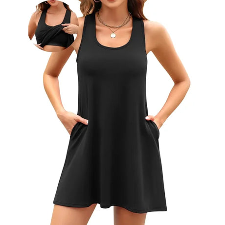 Sociala Cotton V Neck Tank Dresses for Womens Built in Bra Summer Dresses with Pockets