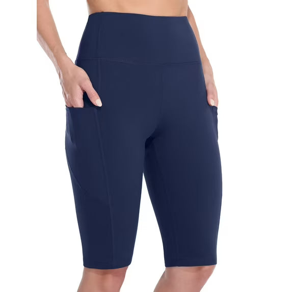 Sociala Knee Length High Waisted Bike Shorts for Womens Tummy Control Shorts With Side Pockets Workout Athletic Running Shorts