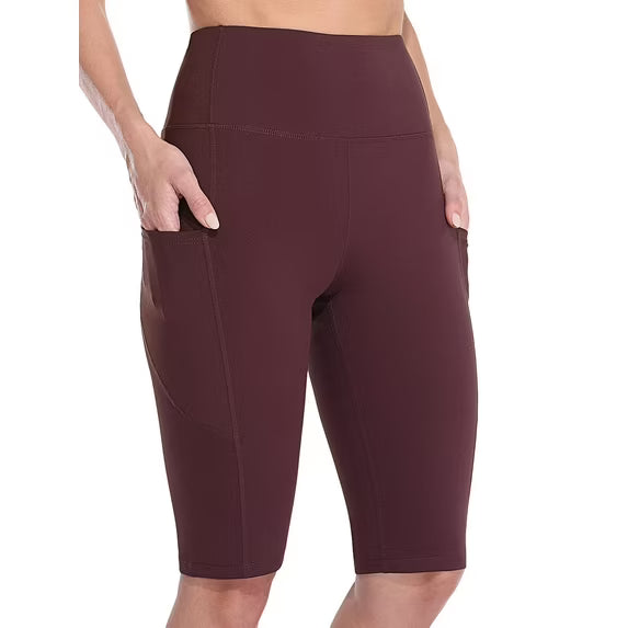 Sociala Knee Length High Waisted Bike Shorts for Womens Tummy Control Shorts With Side Pockets Workout Athletic Running Shorts