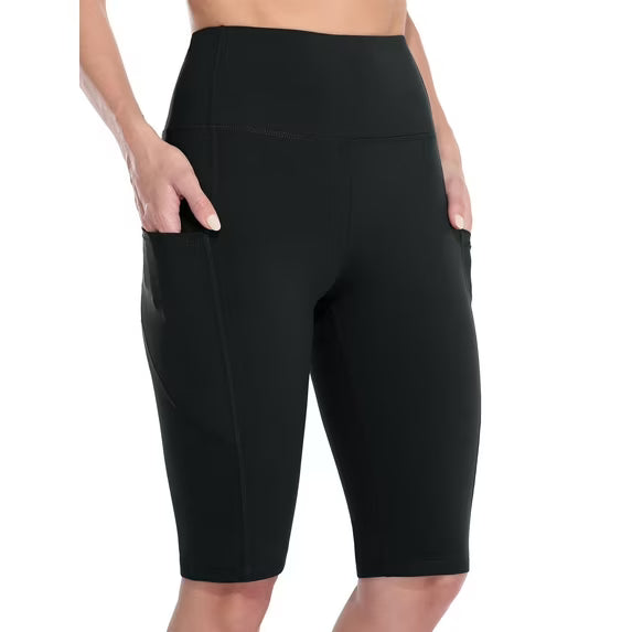 Sociala Knee Length High Waisted Bike Shorts for Womens Tummy Control Shorts With Side Pockets Workout Athletic Running Shorts