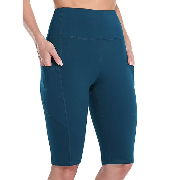 Sociala Knee Length High Waisted Bike Shorts for Womens Tummy Control Shorts With Side Pockets Workout Athletic Running Shorts