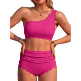 Sociala Women's One Shoulder Scallop Ribbed Bikini Sets Color Block Swimsuits High Waisted Bathing Suits