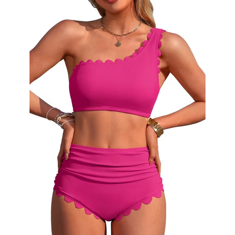 Sociala Women's One Shoulder Scallop Ribbed Bikini Sets Color Block Swimsuits High Waisted Bathing Suits