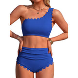 Sociala Women's One Shoulder Scallop Ribbed Bikini Sets Color Block Swimsuits High Waisted Bathing Suits