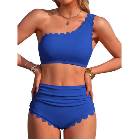Sociala Women's One Shoulder Scallop Ribbed Bikini Sets Color Block Swimsuits High Waisted Bathing Suits