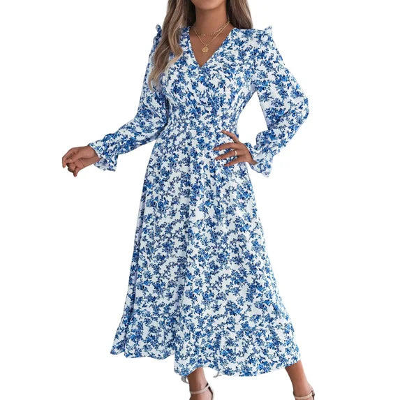 Sociala Womens Long Sleeve Fall Maxi Dress 2026 Cross V-neck Floral Long Dresses Daily Wear Party Wedding