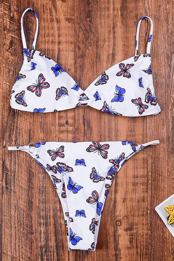 Butterflies V Neck Spegatti Strap Knotted Bikini Set