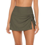 Charmo Womens High Waisted Split Swim Skirt Ruched Drawstring Skirted Swim Bottoms with Built-in Brief