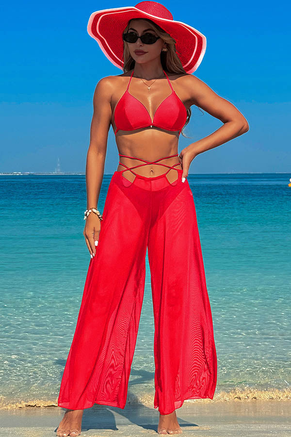 3 Piece Halter High Cut Backless Bikini With Loose Beach Pants