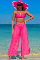 3 Piece Halter High Cut Backless Bikini With Loose Beach Pants