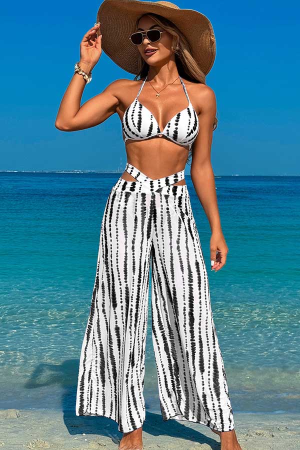 3 Piece Halter High Cut Backless Bikini With Loose Beach Pants