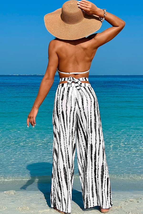 3 Piece Halter High Cut Backless Bikini With Loose Beach Pants