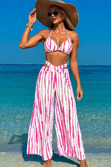 3 Piece Halter High Cut Backless Bikini With Loose Beach Pants