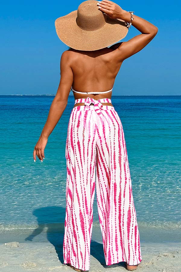 3 Piece Halter High Cut Backless Bikini With Loose Beach Pants