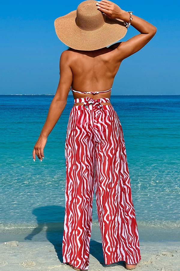 3 Piece Halter High Cut Backless Bikini With Loose Beach Pants