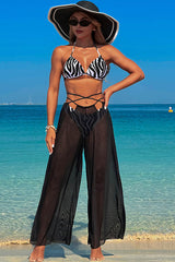 3 Piece Halter Backless Bikini With Chiffon Beach Pants