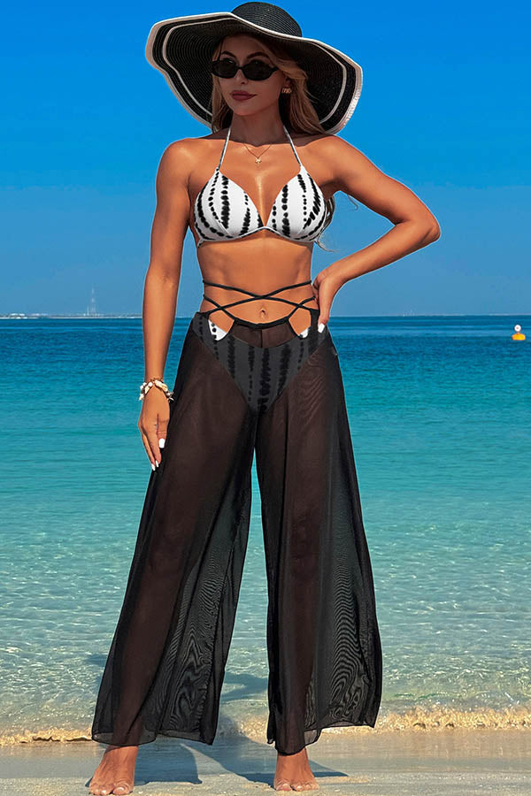 3 Piece Halter Backless Bikini With Chiffon Beach Pants