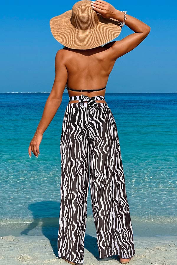 3 Piece Halter Backless Bikini With Chiffon Beach Pants