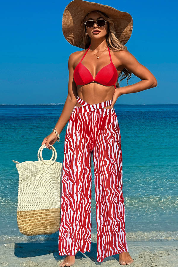 3 Piece Halter Backless Bikini With Chiffon Beach Pants