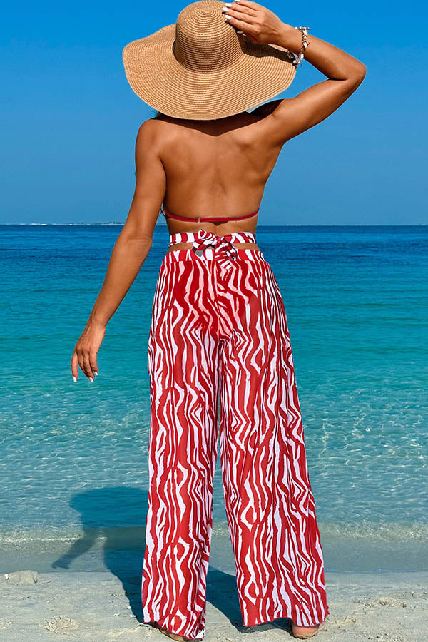 3 Piece Halter Backless Bikini With Chiffon Beach Pants