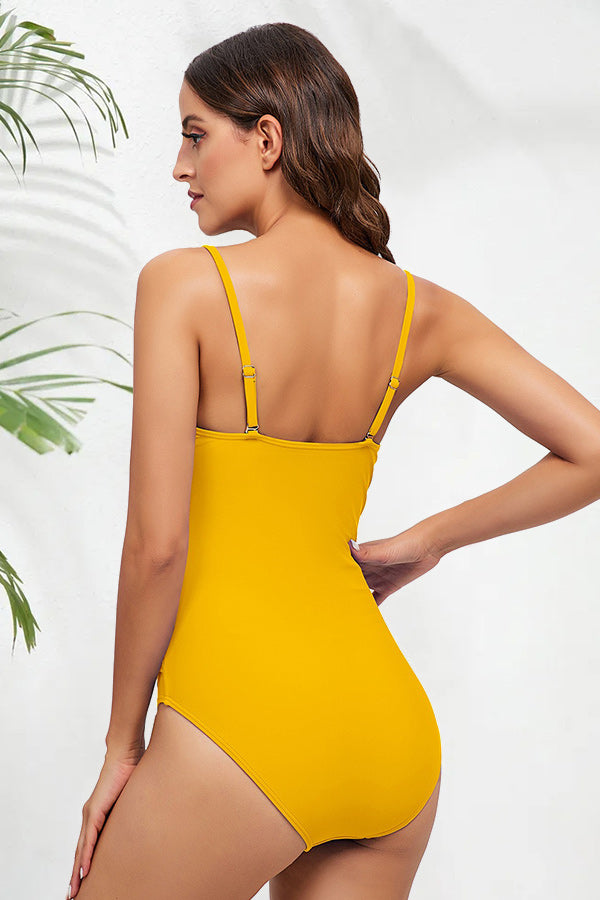 Solid Color Plunge Ruching One Piece Swimsuit