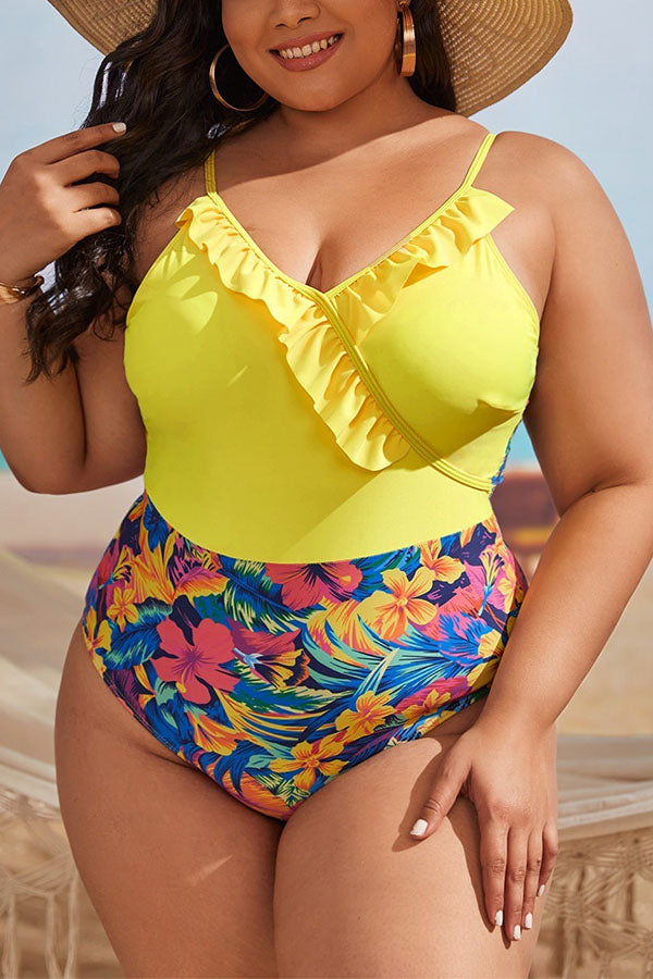 Plus Size Floral Print V Neck Ruffle One Piece Swimsuit