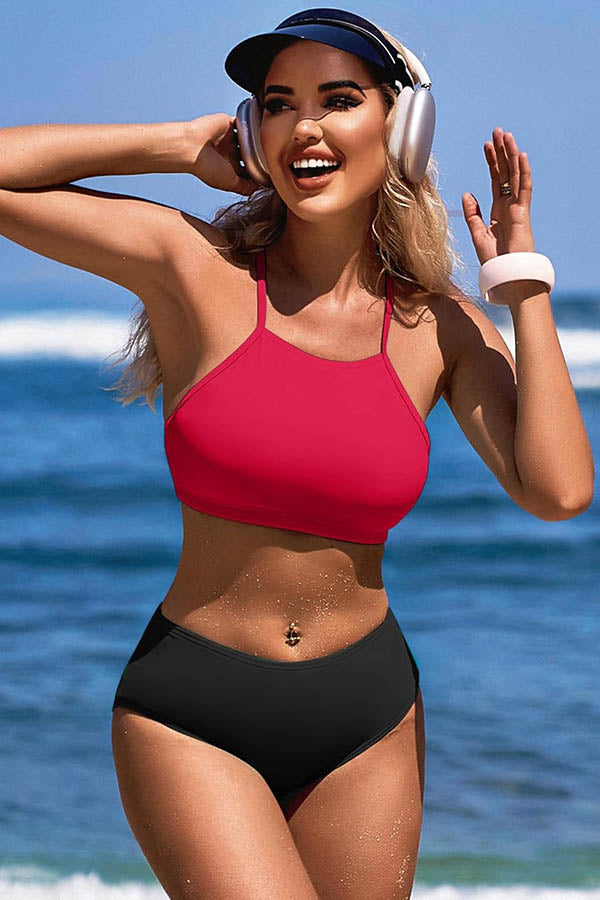 High Neck Adjustable Shoulder Straps Two Piece Swimsuits