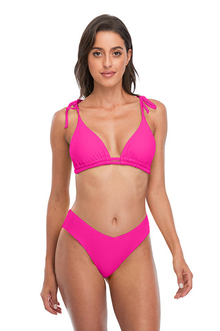 Clearance | V Neck Spegatti Strap Ruching Backless Pink Bikini Suits