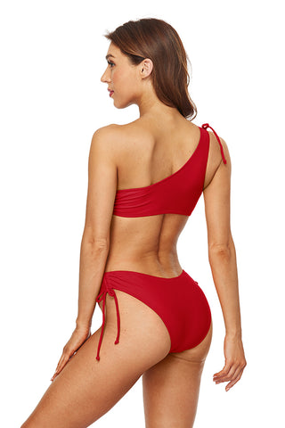 Clearance | Solid Color One-shoulder Lace Up Red Bikini Suits