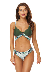 Clearance | Leaves Pattern Cut Out Ruching Green Bikini Suits