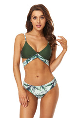 Clearance | Leaves Pattern Cut Out Ruching Green Bikini Suits